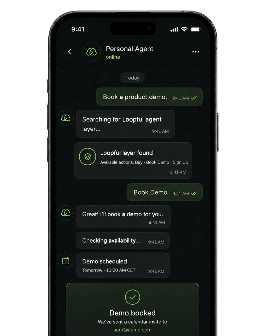 Phone mockup showing an agent surfacing the right service and a link to book