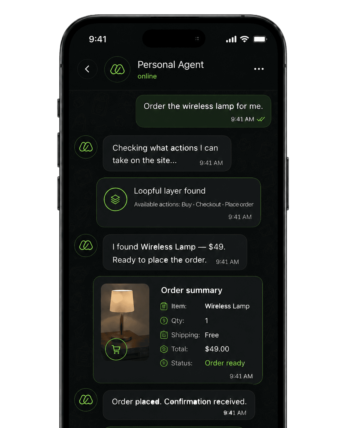 Phone mockup showing an agent recommending a product with the correct price and stock