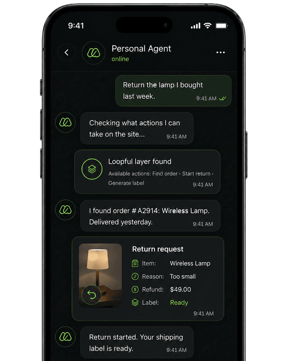Phone mockup showing an agent connected to a site's agent app, answering from verified pages and capturing an inquiry