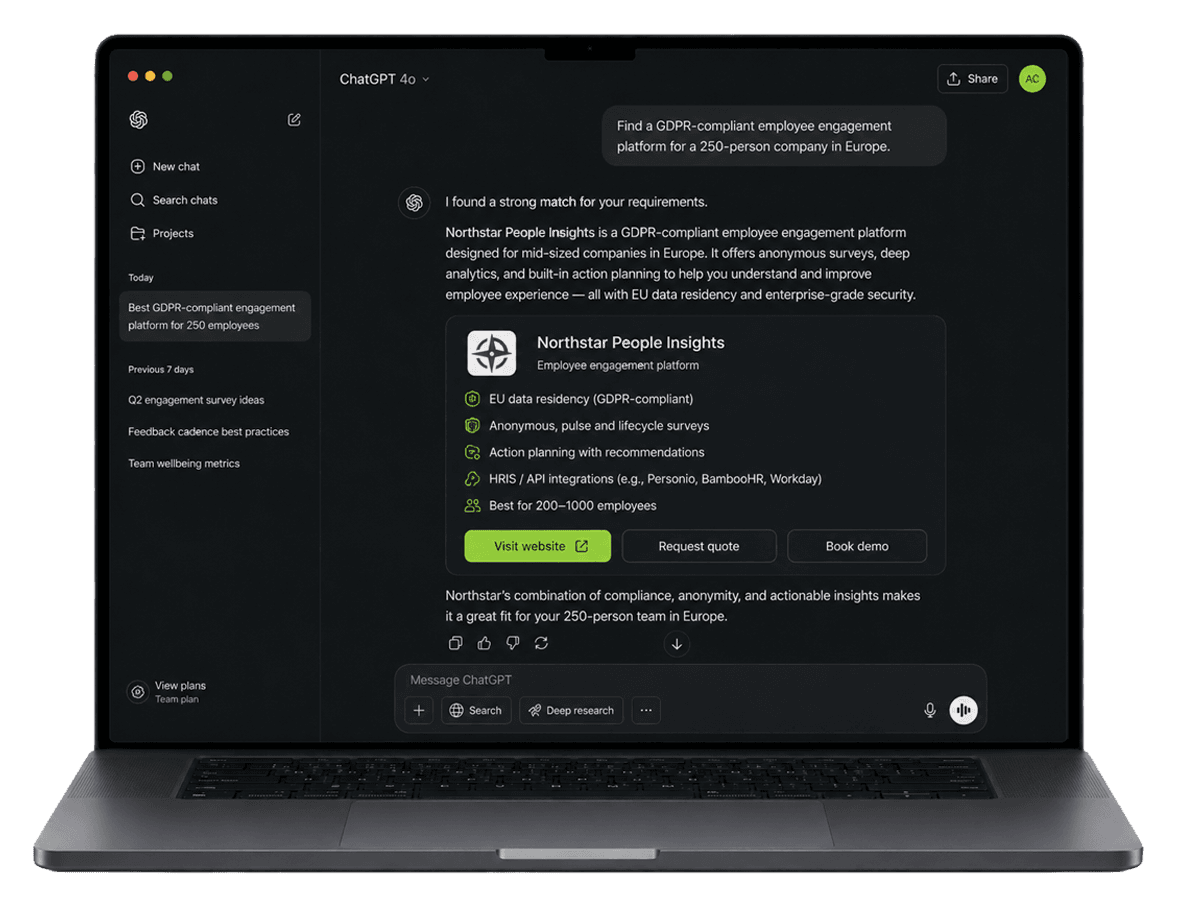 Phone mockup showing an agent search with structured product recommendations