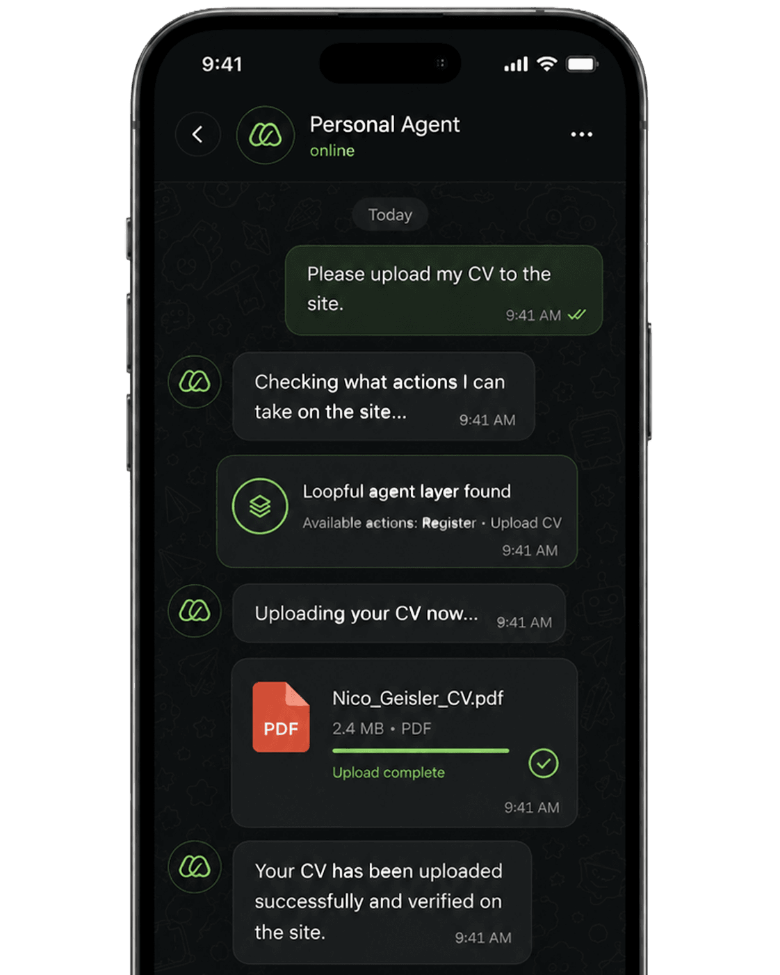 Phone mockup showing an agent citing a verified, up-to-date fact from the site